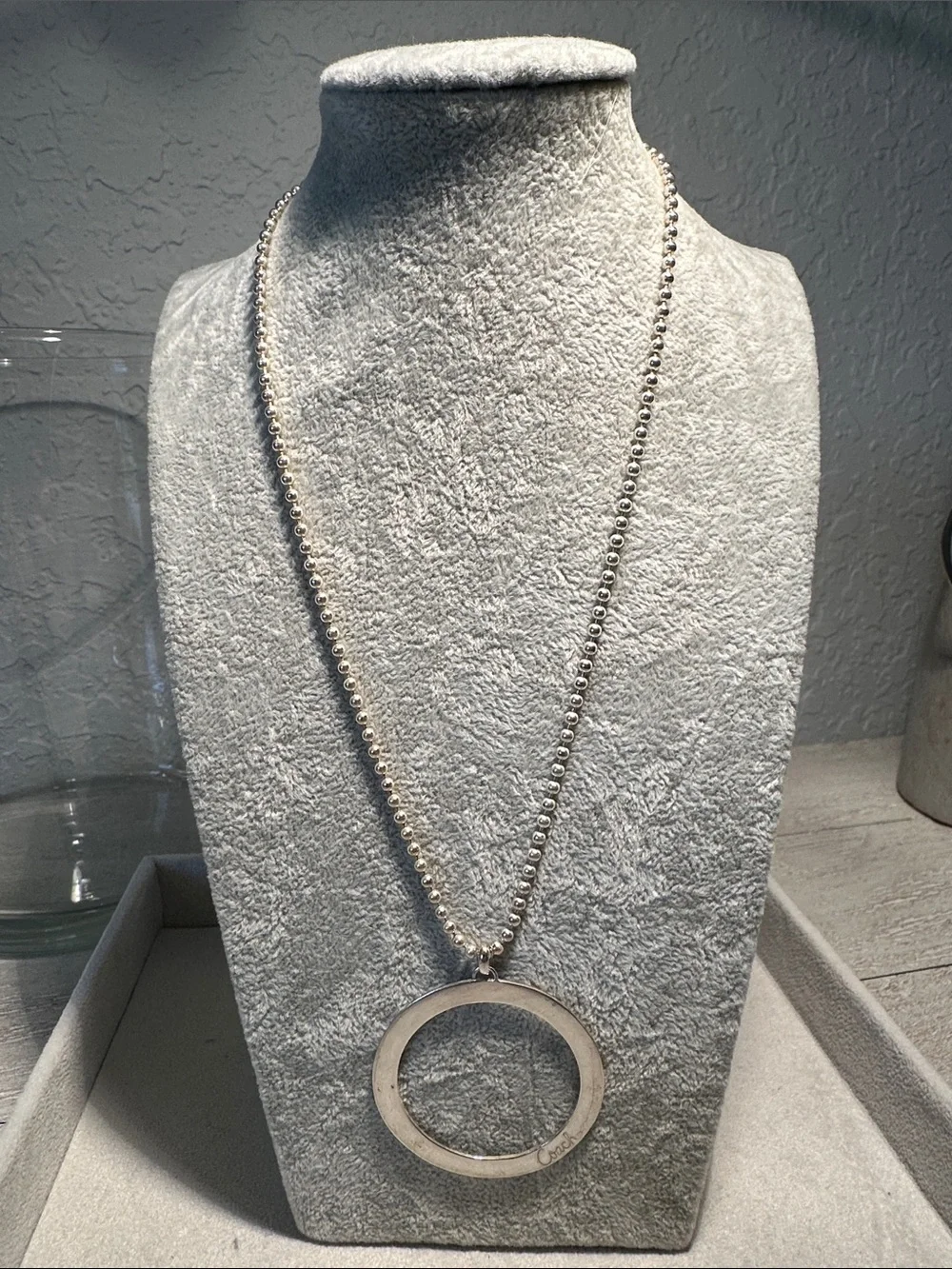 Sterling Silver ball chain Necklace with Coach script Round Pendant